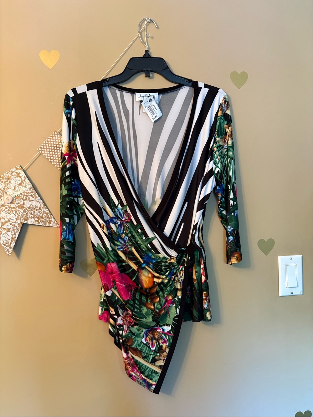 Joseph Ribkoff Asymmetrical Tropical Floral Wrap Top - Picture 2 of 9